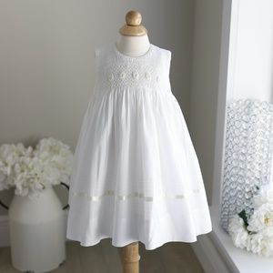 Strasburg Dress White Cotton Smocked Ivory Trim Pearls Size 12 Months Like New
